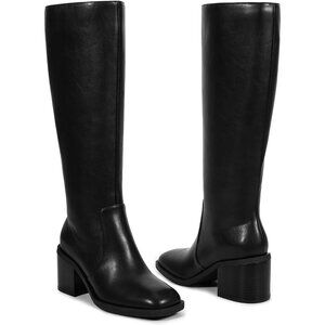 Women  Black Square Toe Chunky Low Heel Square Toe Tall Boots PU Leather Zips